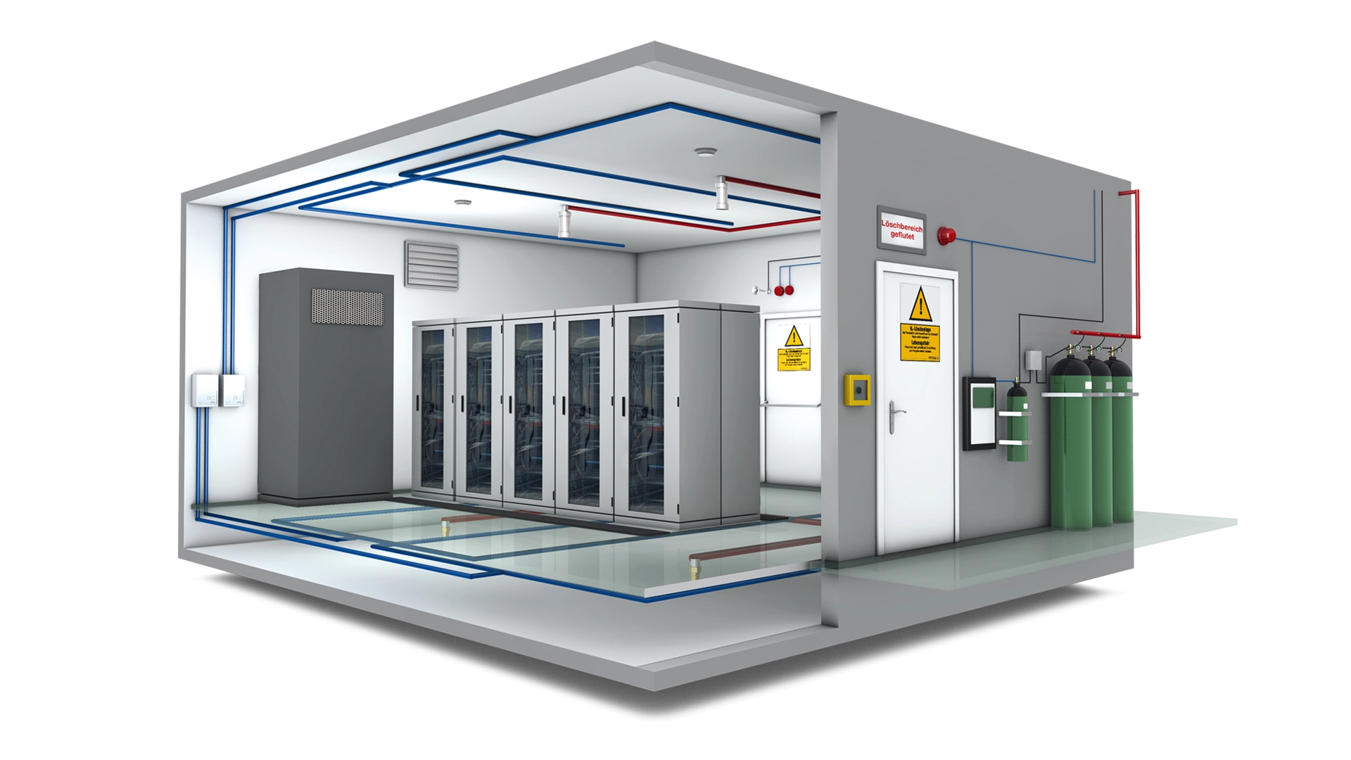 3D-Bild eines Rechenzentrums mit installierten Brandschutzsystemen